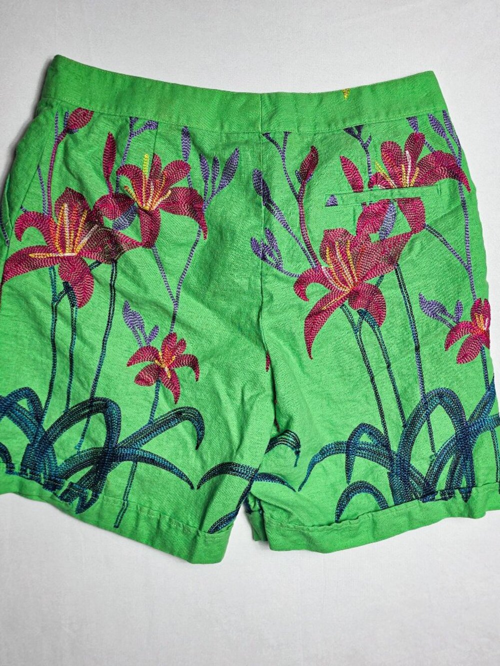 Rio Bright Green Tropical Floral Shorts size vintage vibe stitched LARGE